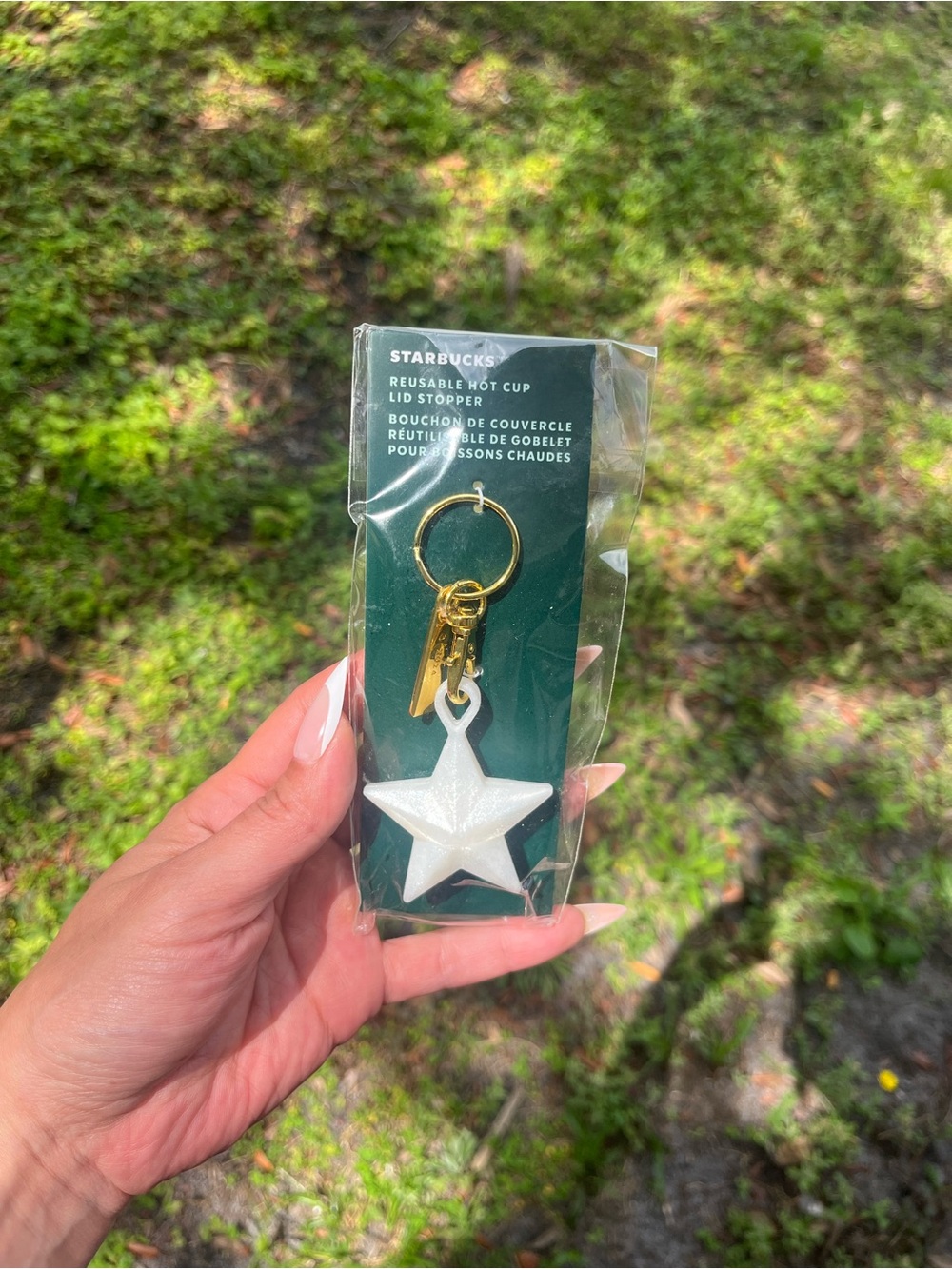 Starbucks White Star Lid Stopper Keyring with Gold Hardware